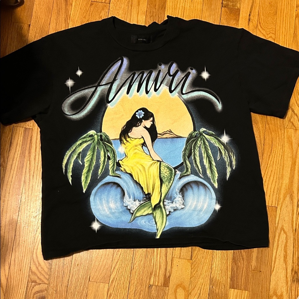 AMIRI Black T-Shirt with Mermaid and Tropical Design
